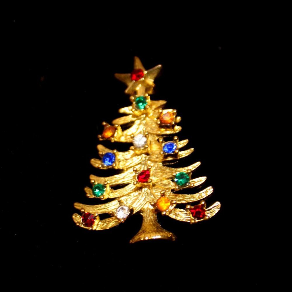 Multi-Color Rhinestone Gold Tone Christmas Tree Brooch/Pin